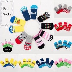 4pcs Cute Cartoon Knit Socks Soft Pet  Anti-Slip Socks Warm Puppy Dog Shoes 