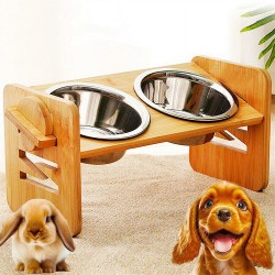 Double Pet Bowl with Bamboo Elevated Stand Dog Cat Food and Water Feeder Dish